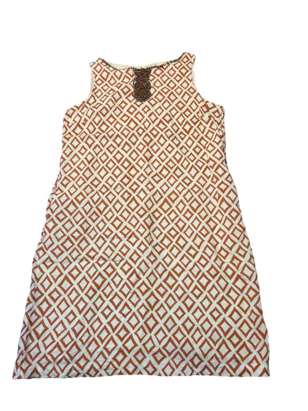 Lands End Sleeveless Shift Dress Linen Geometric Diamond Beaded Keyhole Sz 12